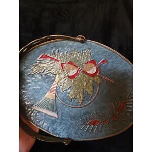 Vintage Cloisonne Enamel Brass Handled Basket Horn Holly Oval Shape 7.5 " India